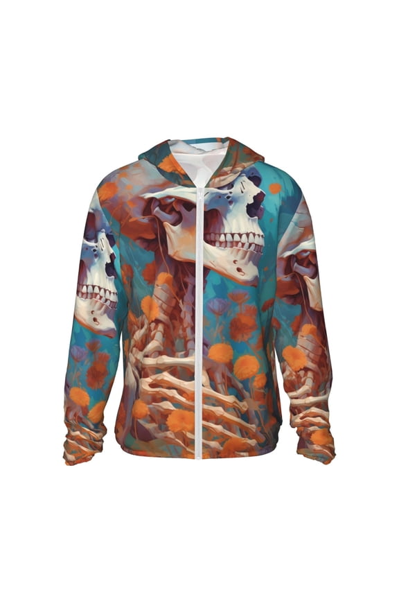 Artistic Orange Carnation Skull Print Women Men Sun Protection UPF 50+ Jackets Zip Up Long Sleeve Hoodie Hiking Lightweight with Pockets