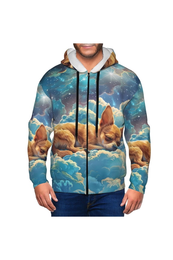 Artistic Starry Sky Cloud Dog Print Men Hoodies Casual Hoodies for Men with Zip Pockets Full Zip Long Sleeve Sweatshirt Sports Hooded Jacket-X-Large