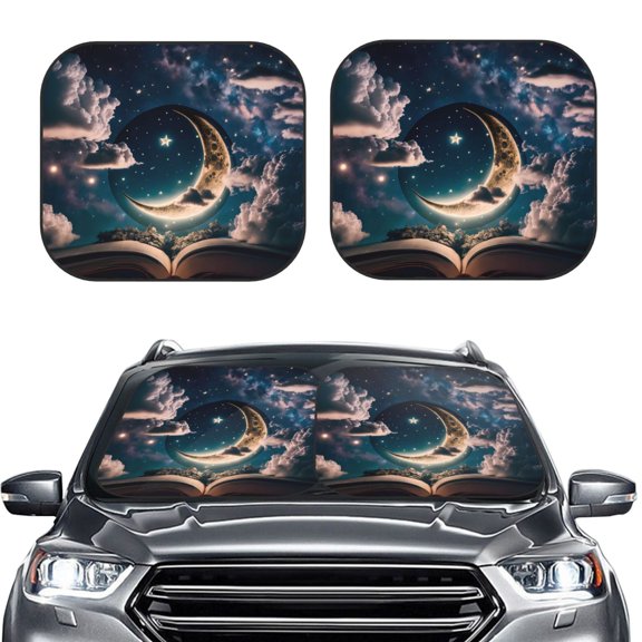 Kdxio Artistic Starry Sky Moon Book Print 2-Piece Sun Shade Front Windshield - Foldable Car Front Window Sunshades for Most Sedans SUV Truck