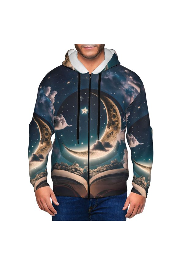 Artistic Starry Sky Moon Book Print Men Hoodies Casual Hoodies for Men with Zip Pockets Full Zip Long Sleeve Sweatshirt Sports Hooded Jacket-Large
