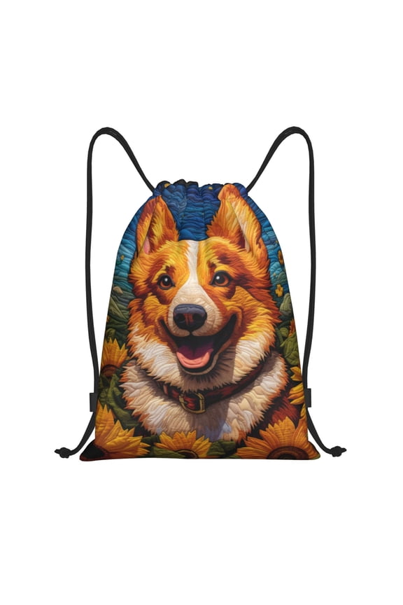 Artistic Sunflower Corgi Print Drawstring Backpack Bag,Waterproof Draw String Back Sack, Gym Drawstring Bags Swim Bag For Unisex