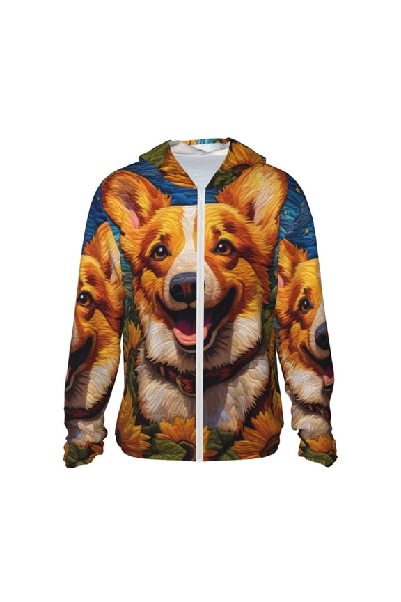 Artistic Sunflower Corgi Print Women Men Sun Protection UPF 50+ Jackets Zip Up Long Sleeve Hoodie Hiking Lightweight with Pockets