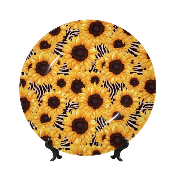 Kdxio Artistic Zebra Print Sunflower Bone China Decorative Plate Ceramic Decorative Plate for Home Office Wall Stand Decorative Plates for Home Bedroom-8in