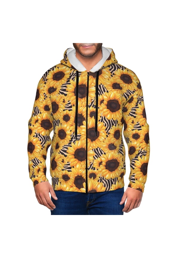 Artistic Zebra Print Sunflower Print Men Hoodies Casual Hoodies for Men with Zip Pockets Full Zip Long Sleeve Sweatshirt Sports Hooded Jacket-Large