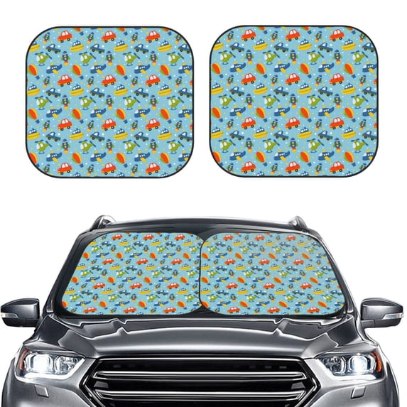 Kdxio Artoon Transport Print 2-Piece Sun Shade Front Windshield - Foldable Car Front Window Sunshades for Most Sedans SUV Truck
