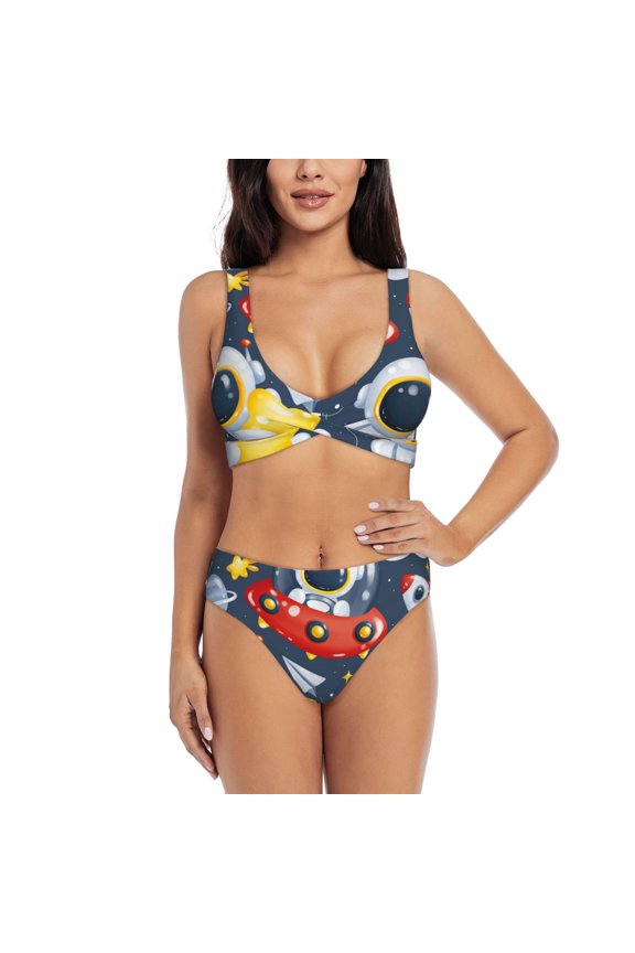 Astronaut And Space Print Women's 2 Piece High Waisted Wrap Spaghetti Strap Summer Swimsuit Bikini Set-Large