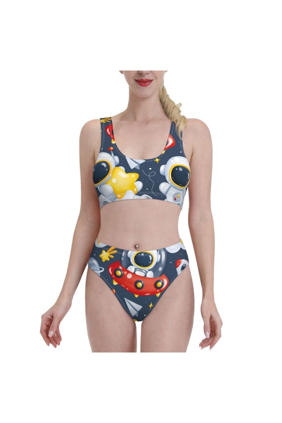 Astronaut And Space for Womens High Waisted Bikini Top Sports Style Two Piece Bathing Suits