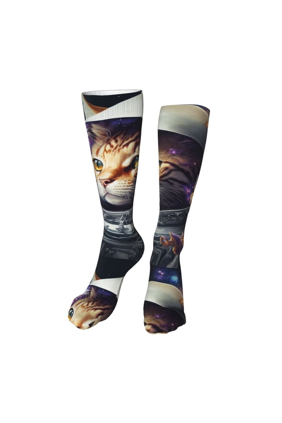 Astronaut Cat Funny Silky Novelty Funky Long Knee High Socks Soft 3D Print Cosplay Crazy Stockings for Men Women