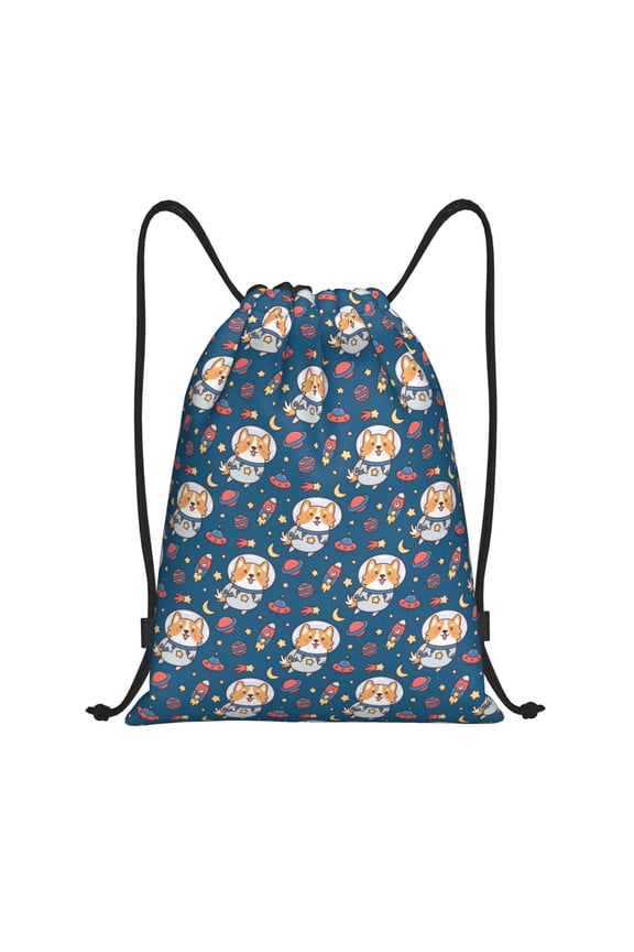 Astronaut Corgi Dog Print Drawstring Backpack Bag,Waterproof Draw String Back Sack, Gym Drawstring Bags Swim Bag For Unisex