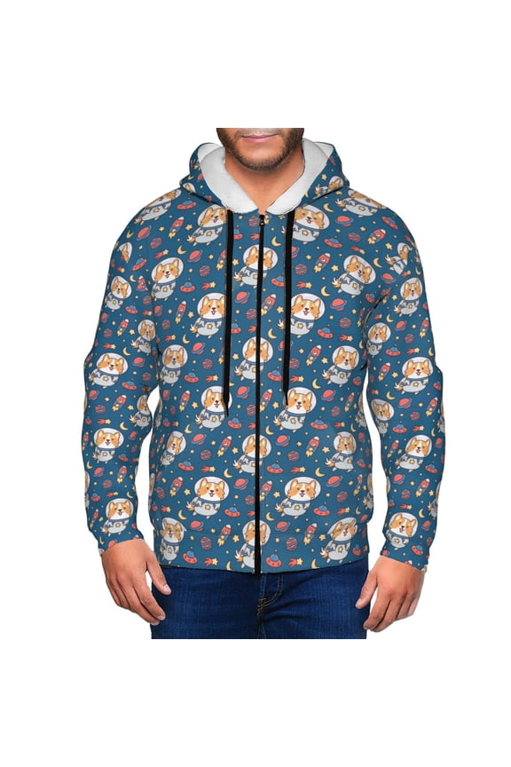 Astronaut Corgi Dog Print Men Hoodies Casual Hoodies for Men with Zip Pockets Full Zip Long Sleeve Sweatshirt Sports Hooded Jacket-XX-Large
