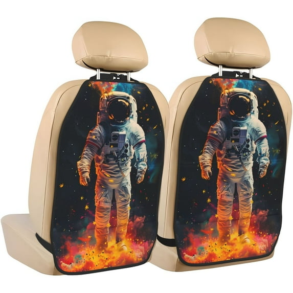 Kdxio Astronaut Cosmic Rainbow Print 2 Pack Car Kick Mat Seat Cover Back Protector Mat with Pockets for Organizer Backseat Protector and Storage Anti Kick Pad for Vehicles