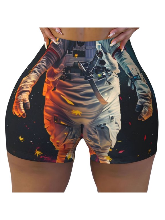 Astronaut Cosmic Rainbow Print Workout Shorts for Women Seamless Soft Smooth Gym Yoga Scrunch Active Shorts