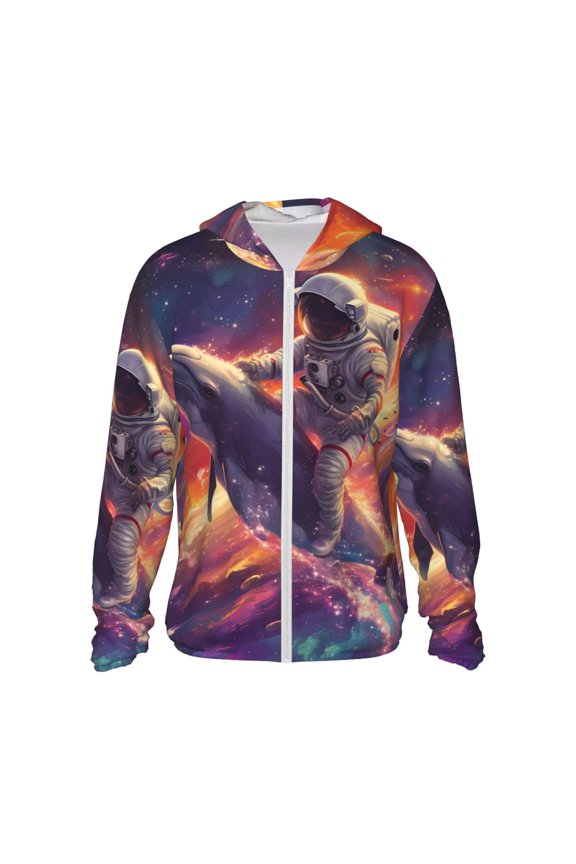 Astronaut Dolphin Print Women Men Sun Protection UPF 50+ Jackets Zip Up Long Sleeve Hoodie Hiking Lightweight with Pockets