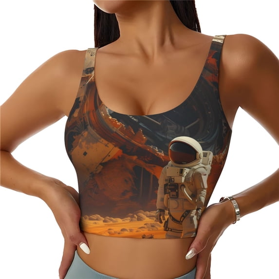 Kdxio Astronaut Exploring Mars Print Workout Crop Tank Top for Women Racerback Yoga Tank Tops Athletic Sports Shirts Exercise Undershirts