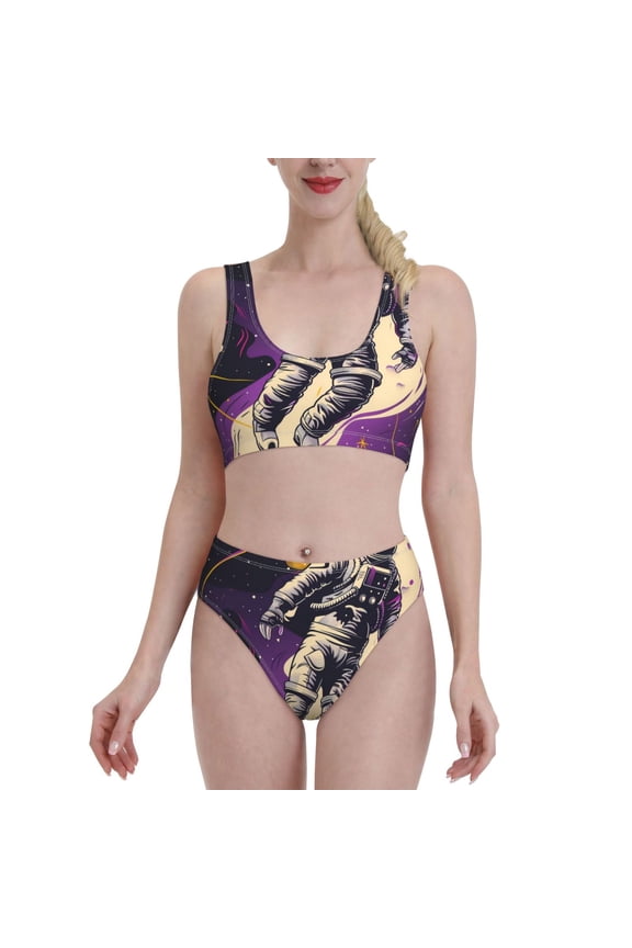 Astronaut Floating purple Space for Womens High Waisted Bikini Top Sports Style Two Piece Bathing Suits