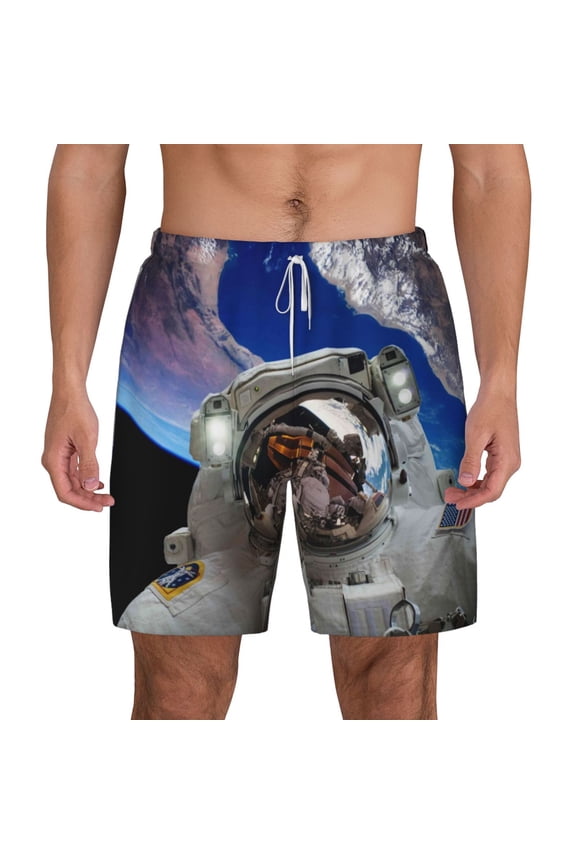 Astronaut In Outer Space Print Men'S Swim Trunks With Compression Liner 7 Inch Inseam Quick Dry Swim Shorts