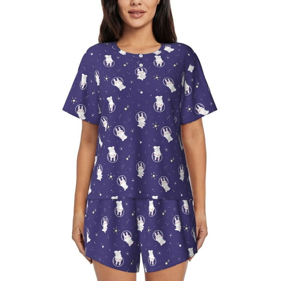 Kdxio Astronaut Rabbit Print Pajamas Sets for Women Short-Sleeved Pjs with Lounge Shorts Two Piece Sleepwear S-4XL