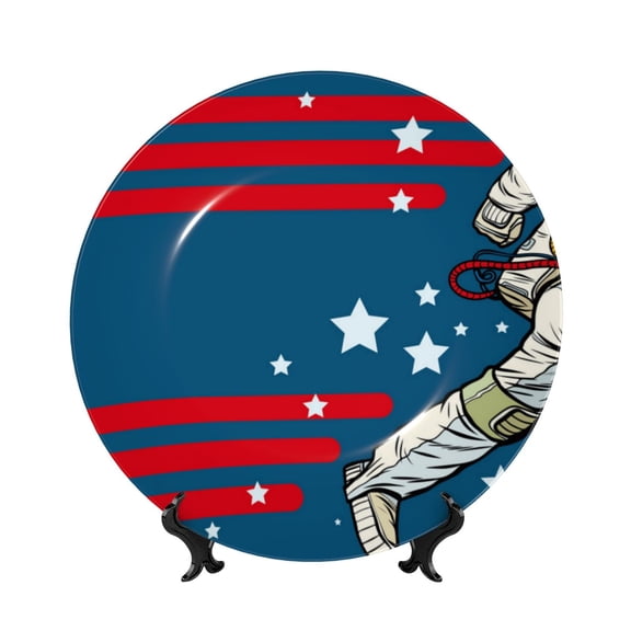 Kdxio Astronaut Runs Forward Bone China Decorative Plate Ceramic Decorative Plate for Home Office Wall Stand Decorative Plates for Home Bedroom-8in