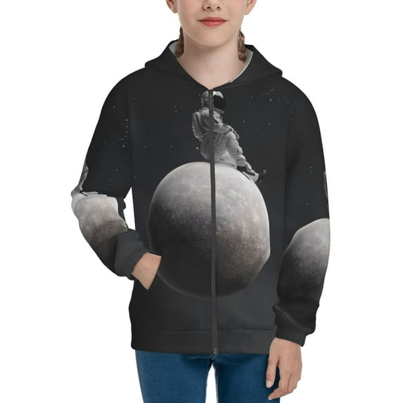 Kdxio Astronaut Sitting On Mercury Planet Pattern Kids Boys Girls Zip Up Hoodie 3D Printed Hooded Sweatshirt Hoody Coat with Pocket 7-12 Y-Medium