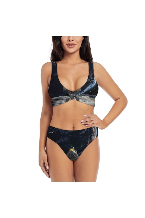Astronaut Standing In The Moon Print Women's 2 Piece High Waisted Wrap Spaghetti Strap Summer Swimsuit Bikini Set-Small