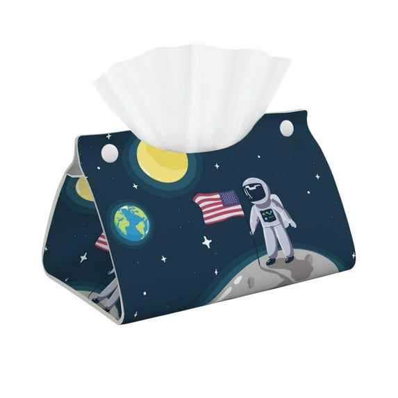 Kdxio Astronaut With USA Flag Print Tissue Box Cover,Modern PU Leather Rectangular Tissue Box Holder for Bathroom Living Room Bedroom Office Desk Car Home