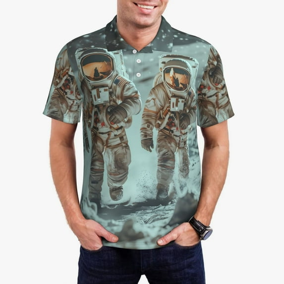 Kdxio Astronauts On Lunar Mission Print Men's Short Sleeve Polo Shirt,Midweight Men's Shirt-3X-Large