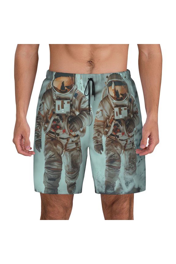 Astronauts On Lunar Mission Print Men's Swim Trunks with Compression Liner 7 Inch Inseam Quick Dry Swim Shorts