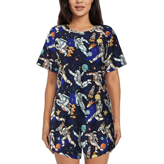 Kdxio Astronauts in sport Print Pajamas Sets for Women Short-Sleeved Pjs with Lounge Shorts Two Piece Sleepwear S-4XL