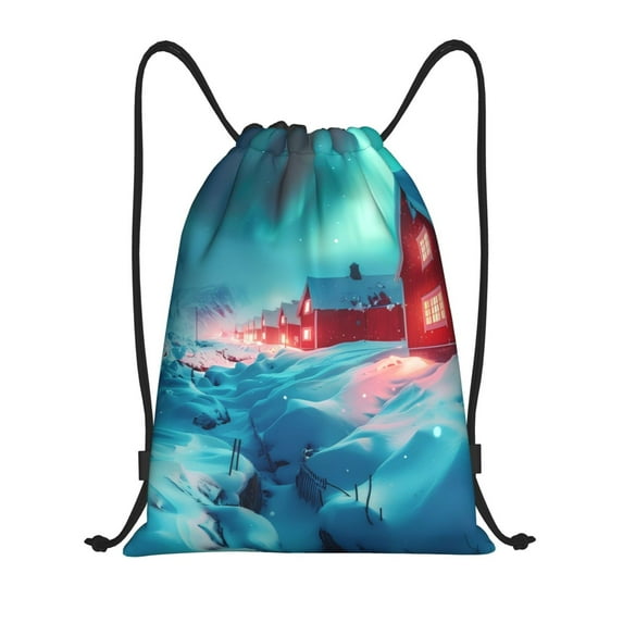 Kdxio Aurora Borealis Village Print Drawstring Backpack Bag,Waterproof Draw String Back Sack, Gym Drawstring Bags Swim Bag For Unisex