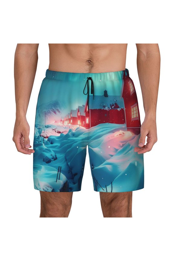 Aurora Borealis Village Print Men's Swim Trunks with Compression Liner 7 Inch Inseam Quick Dry Swim Shorts