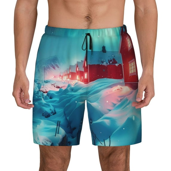 Kdxio Aurora Borealis Village Print Men's Swim Trunks with Compression Liner 7 Inch Inseam Quick Dry Swim Shorts