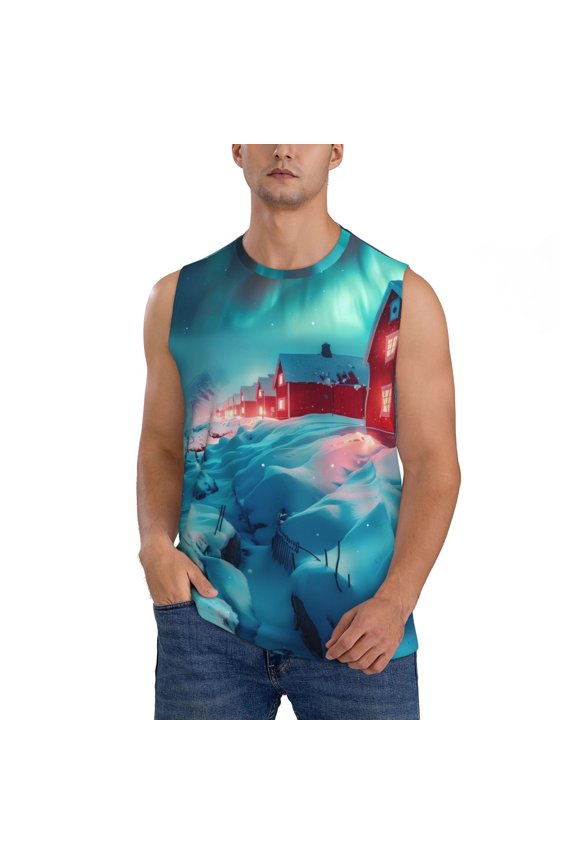 Aurora Borealis Village for Men's Muscle T-shirt,Sleeveless for Workout Running Athletic Gym Lounge Casual