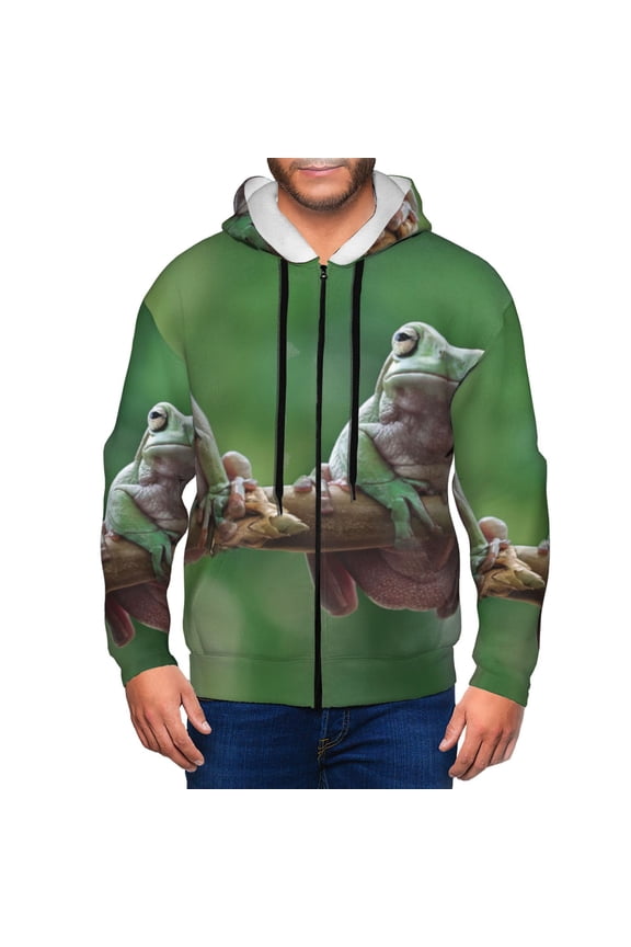 Australian White Tree Frog Sitting on Branch Print Men Hoodies Casual Hoodies for Men with Zip Pockets Full Zip Long Sleeve Sweatshirt Sports Hooded Jacket-Small
