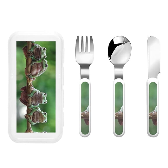 Kdxio Australian White Tree Frog Sitting on Branch Toddler Utensils Set - Kids Silverware Set, Set Kids Utensils Set with Case for Preschooler Children