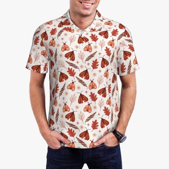Kdxio Autumn Brown Butterfly Print Men's Short Sleeve Polo Shirt,Midweight Men's Shirt-4X-Large