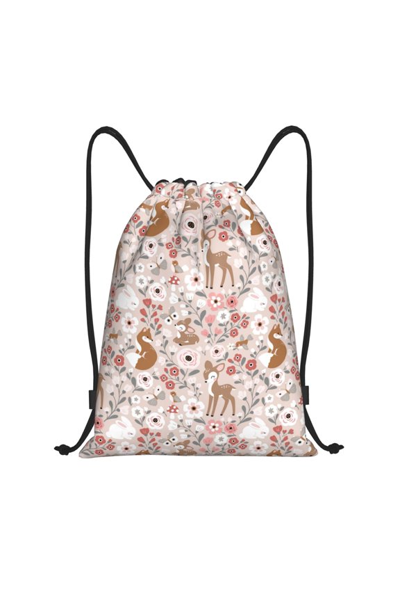 Autumn Floral Deer Print Drawstring Backpack Bag,Waterproof Draw String Back Sack, Gym Drawstring Bags Swim Bag For Unisex