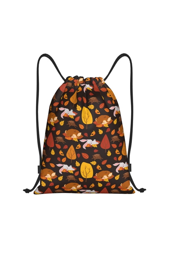Autumn Forest Small Animals Lazy Print Drawstring Backpack Bag,Waterproof Draw String Back Sack, Gym Drawstring Bags Swim Bag For Unisex