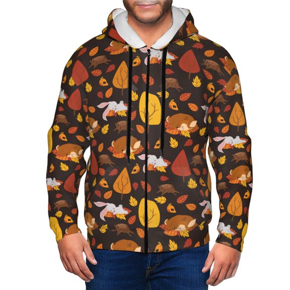 Kdxio Autumn Forest Small Animals Lazy Print Men Hoodies Casual Hoodies for Men with Zip Pockets Full Zip Long Sleeve Sweatshirt Sports Hooded Jacket-Small