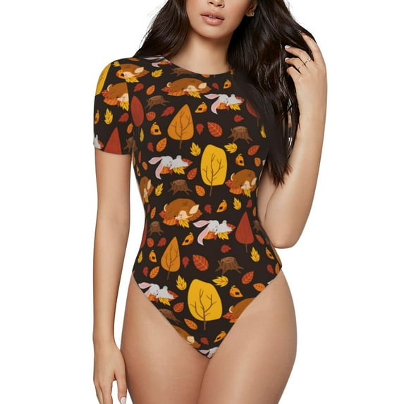 Kdxio Autumn Forest Small Animals Lazy for Women's Short-Sleeved Onesie Stylish Round Neck Pajamas Bodysuit Jumpsuit Nightwear-Medium