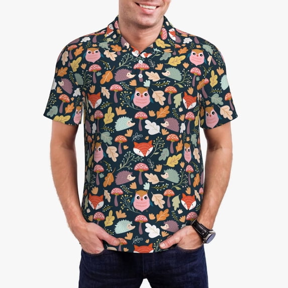 Kdxio Autumn Fox Owl Print Men's Short Sleeve Polo Shirt,Midweight Men's Shirt