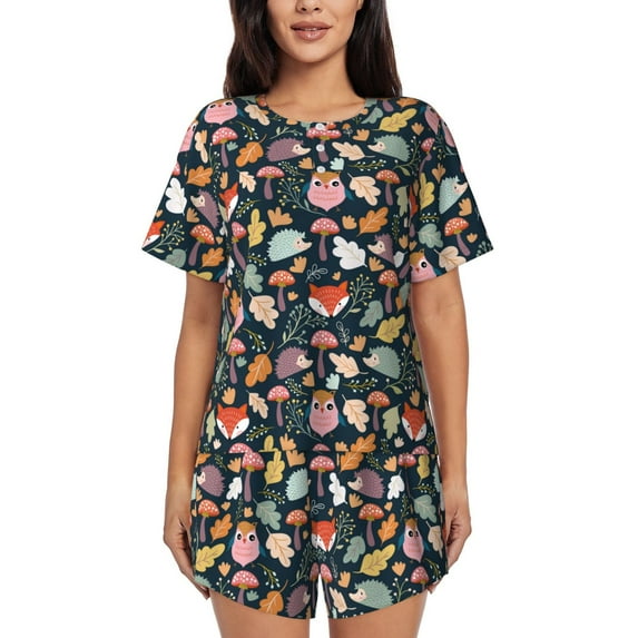 Kdxio Autumn Fox Owl Print Pajamas Sets for Women Short-Sleeved Pjs with Lounge Shorts Two Piece Sleepwear S-4XL