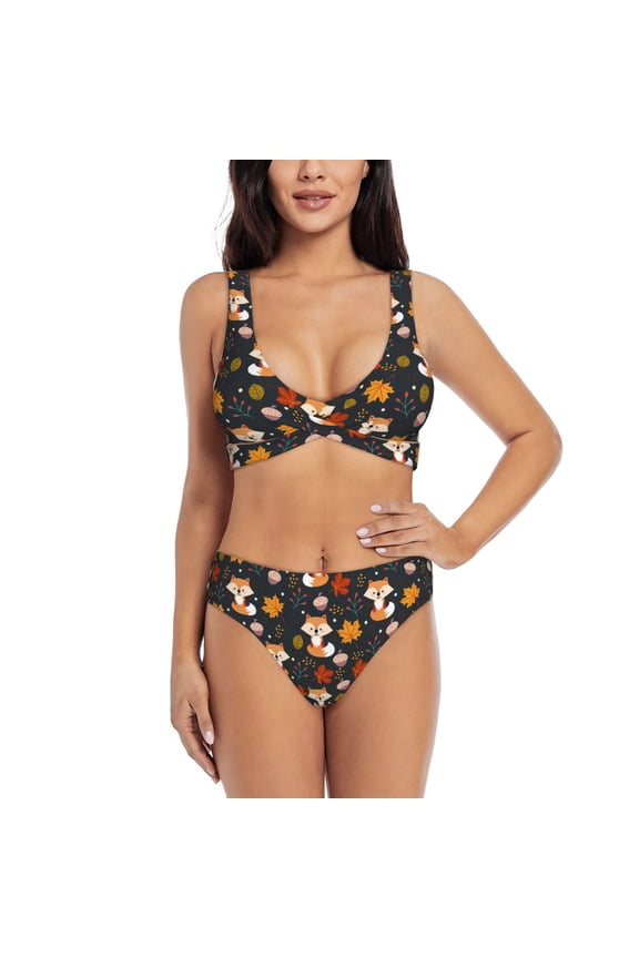 Autumn Fox Print Women's 2 Piece High Waisted Wrap Spaghetti Strap Summer Swimsuit Bikini Set-Small