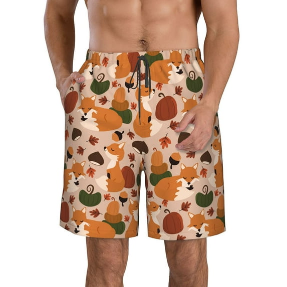 Kdxio Autumn Fox Pumpkin Lazy Pattern Mens Casual Shorts - Drawstring Summer Beach Sports Shorts for Men