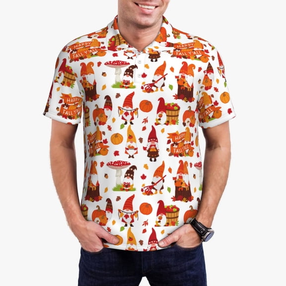 Kdxio Autumn Gnome Print Men's Short Sleeve Polo Shirt,Midweight Men's Shirt-X-Large