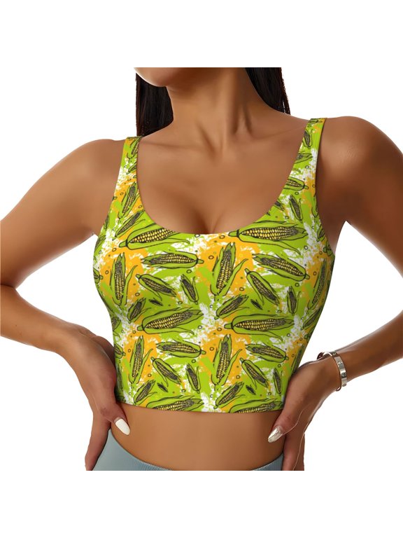 Autumn Harvest Cartoon Corn Print Workout Crop Tank Top for Women Racerback Yoga Tank Tops Athletic Sports Shirts Exercise Undershirts