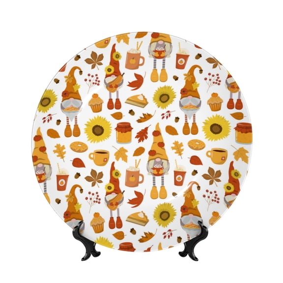 Kdxio Autumn Harvest Gnomes Bone China Decorative Plate Ceramic Decorative Plate for Home Office Wall Stand Decorative Plates for Home Bedroom-10in