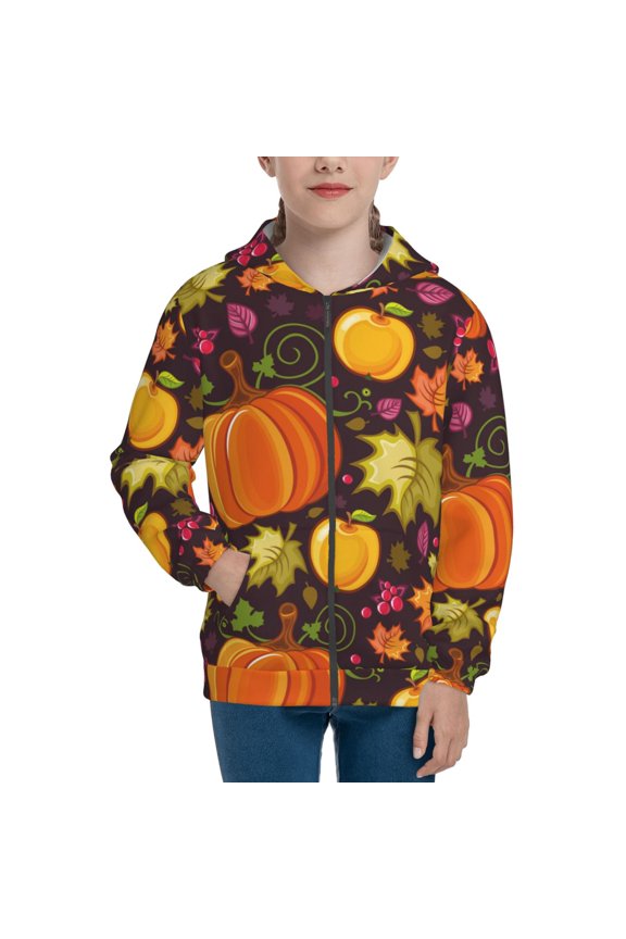 Autumn Harvest Pumpkin Joy Pattern Kids Boys Girls Zip Up Hoodie 3D Printed Hooded Sweatshirt Hoody Coat with Pocket 7-12 Y-Small