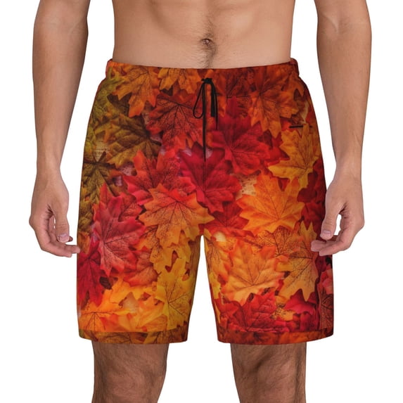 Kdxio Autumn Leaf Print Men'S Swim Trunks With Compression Liner 7 Inch Inseam Quick Dry Swim Shorts