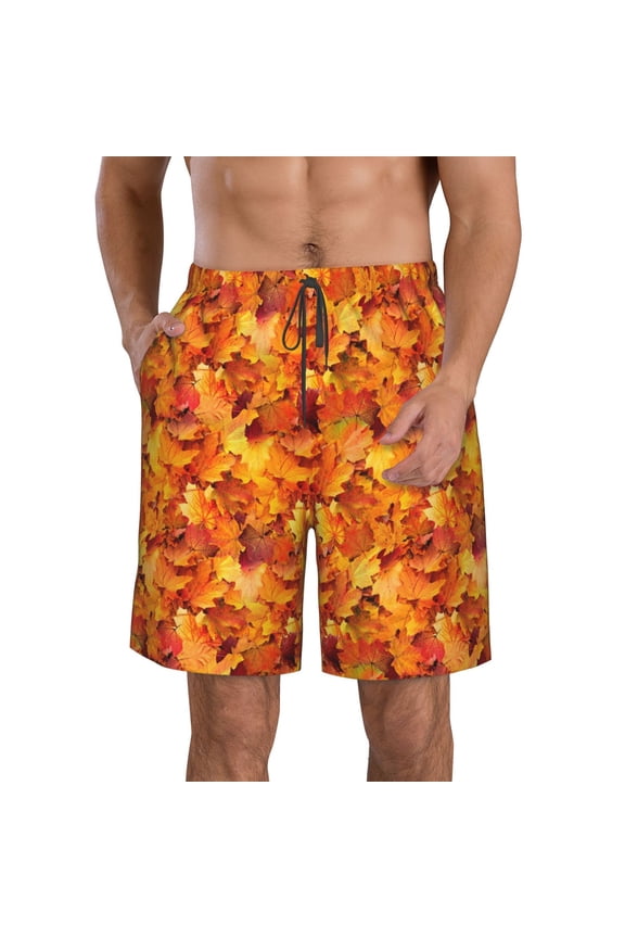 Autumn Maple Leaf Pile Pattern Mens Casual Shorts - Drawstring Summer Beach Sports Shorts for Men