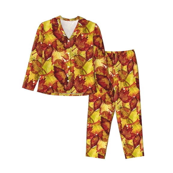 Kdxio Autumn Mosaic Maple Leaves Women's Pajama Sets Long Sleeve Button Down Sleepwear Nightwear Soft Pjs Lounge Sets-XX-Large